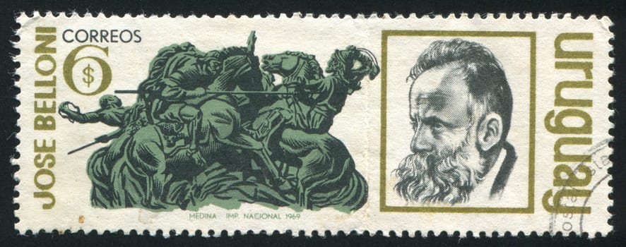 URUGUAY - CIRCA 1969: stamp printed by Uruguay, shows Combat Statue and Sculptor Jose Belloni, circa 1969