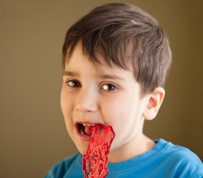 Close Up of Young Boy Eating A Lollipop