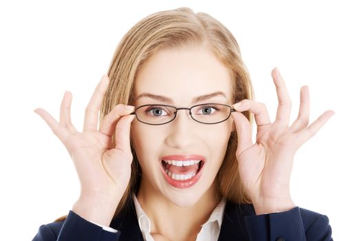 Portrait of beautiful business woman in eyeglasses. Isolated on white.