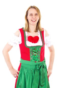 Blond woman in red dirndl waiting for her valentine
