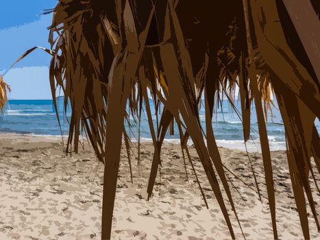 A summer beach with umbrella and sand