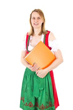 Bavarian waitress with ring binder awaiting next guest