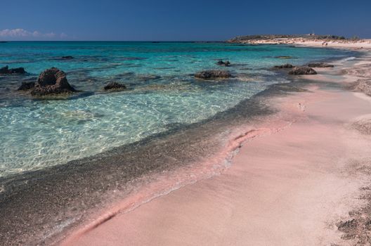 Beaches in Elafonisi, Crete island. have the particularity to be colored pink because of the coral fragments accumulated on the shore