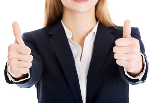 Beautiful business woman with her thumb up, showing oK. Body part, over white background.