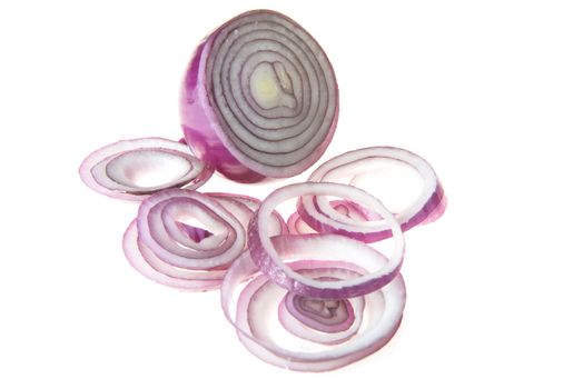 Raw red sliced onion over white background.