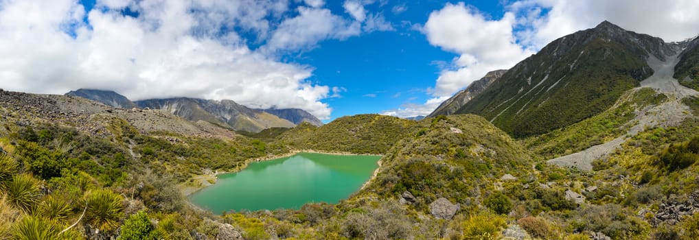 Green lake under the Mount Cook, Aoraki National Park, New Zealand. Panorama