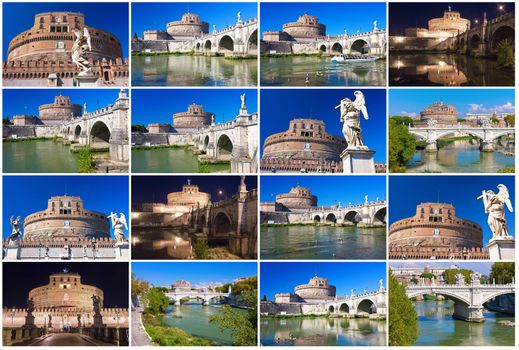 Famous Saint Angel castle and bridge over Tiber river in Rome, Italy