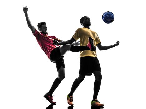 two men soccer player playing football competition in silhouette on white background