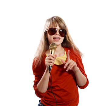 girl singing into a microphone on a white background