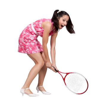 Retro girl in a pink dress, playing with tennis racket isolated on white background