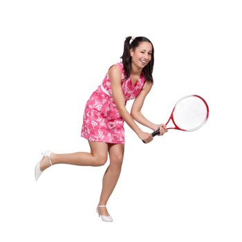 Retro girl in a pink dress, playing with tennis racket isolated on white background