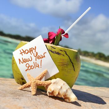 Coconut cocktail starfish tropical Caribbean beach refreshment and towel