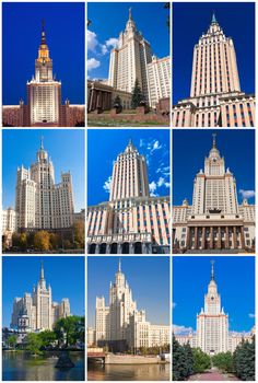 Beautiful views of old soviet skyscrapers, Moscow, Russia