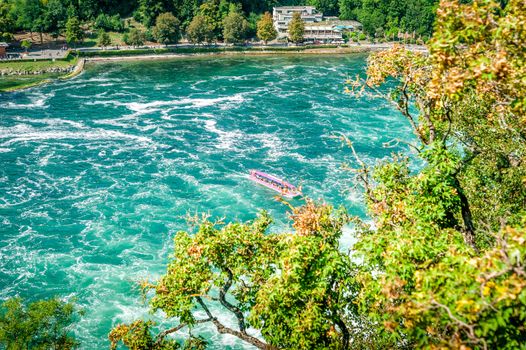 Pink Riverboat on the Rheinfall in Swiss