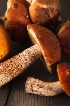 Orange-cap boletus mushrooms on the wooden table