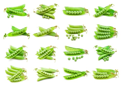 Collection of fresh green peas isolated on white background