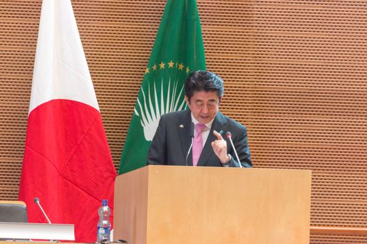 H.E. Mr. Shinzo Abe, Prime Miinister of Japan, delivers a speech on Japan's Diplomacy towards Africa, on the occasion of his visit to the Federal Democratic Republic of Ethiopia, on January 14, 2014, at the African Union Headquarters in Addis Ababa, Ethiopia.