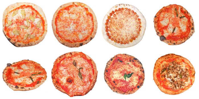 Many types of vegetarian pizzas including Italian pizza margherita isolated over white