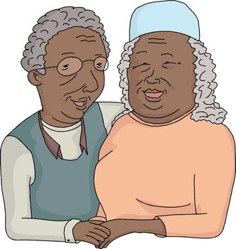 Smiling elderly couple holding hands on isolated background