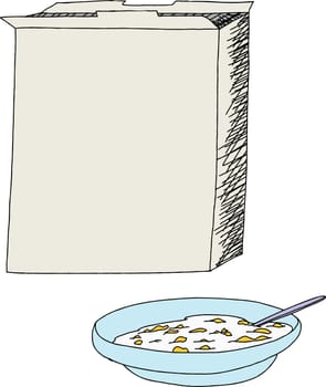 Open cereal box with bowl of corn flakes over white