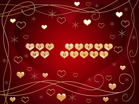 3d golden hearts, red letters, text - you steal my heart, flowers, stars
