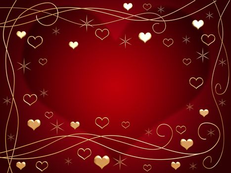 3d golden hearts, flowers and stars over red background