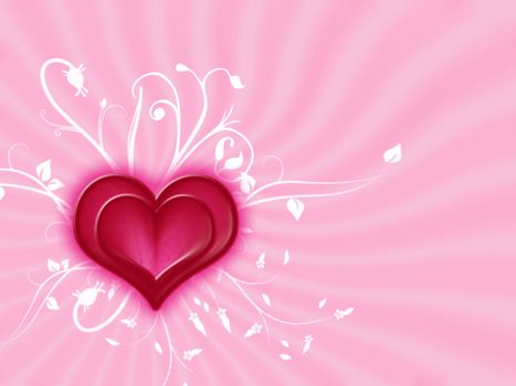 red heart and white flowers over pink background with rays
