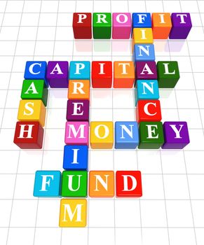 3d colour boxes crossword - money, finance, capital, cash, profit, fund, premium