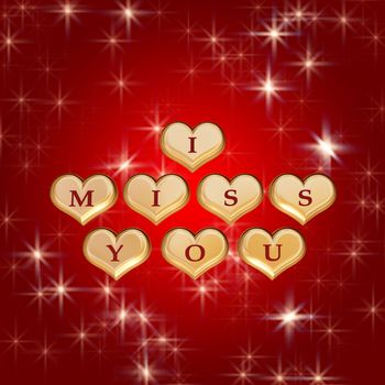 3d golden hearts, red letters, text - I miss you, background stars

