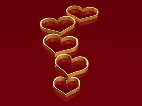 3d golden hearts over red background with reflection