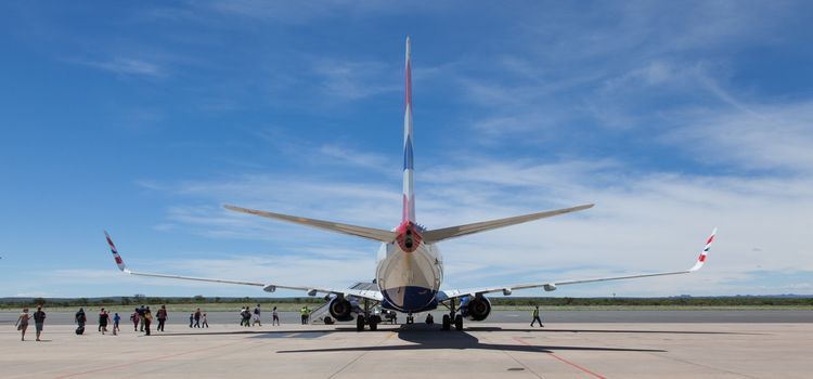 WINDHOEK, NAMIBIA, 3 jan 2014 - Palen of British Airways at Windhoek Airport. Tourist visit Namibia for it's extensive wildlife. NAMIBIA, 2014