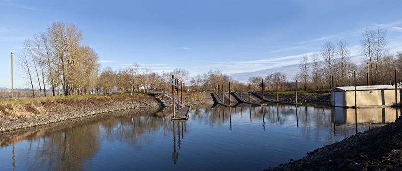 Boat launch wooden platforms and steel beams panoramic view Oregon.