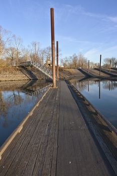 Boat launch wooden platforms and steel beams Oregon.