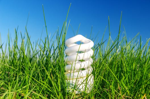 energy saving bulb in green grass against blue sky