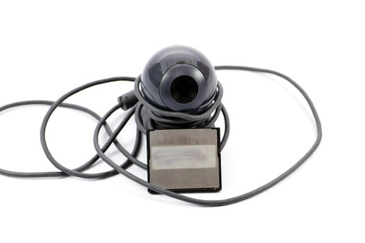 Black Webcam with Cable and Card  on white background