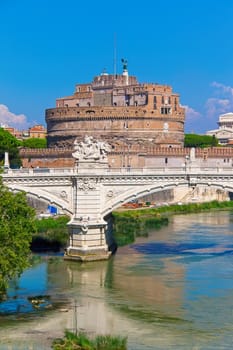 Famous Saint Angel castle and bridge over Tiber river in Rome, Italy