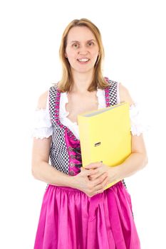 Friendly woman with pink dirndl and ring binder