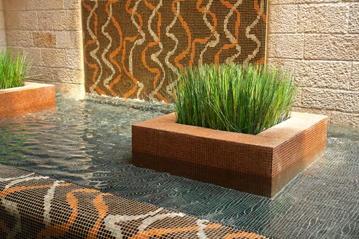  Modern Interior Design Beautiful Indoors Waterfall and Plants in a Spa Hotel Center                       