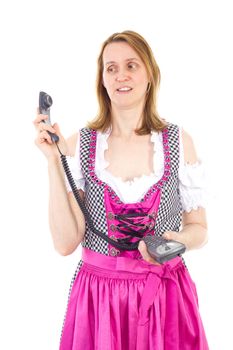 Pink dressed woman wondering about aggressive phone call