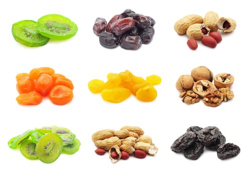 Collection of dried fruits isolated on white background