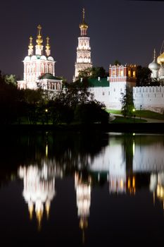 Beautiful view of Novodevichy Convent at night, Moscow, Russia