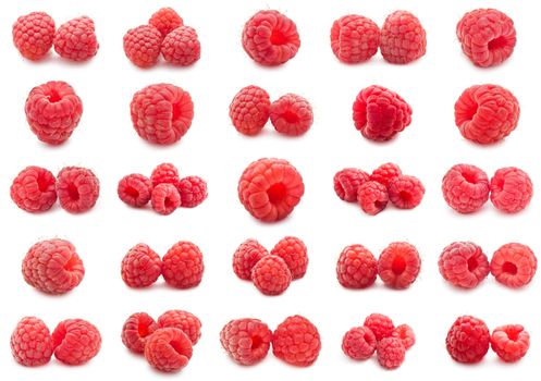 Collection of ripe red raspberries isolated on white background
