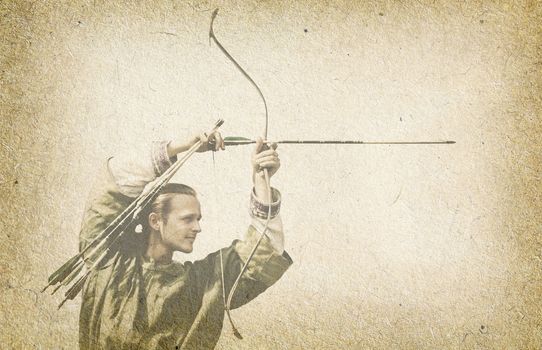 Aiming archer on aged paper background with copy space