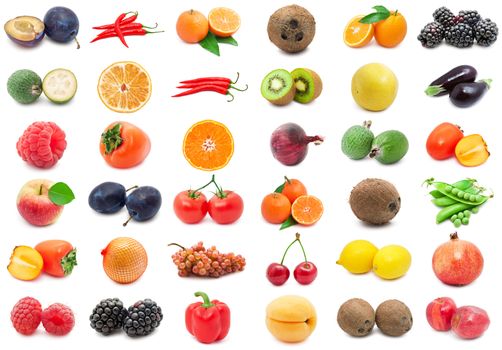 Collection of various fruits and vegetables isolated on white background