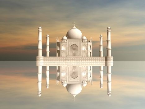 Famous Taj Mahal mausoleum and its mirror reflection by sunset, Agra, India