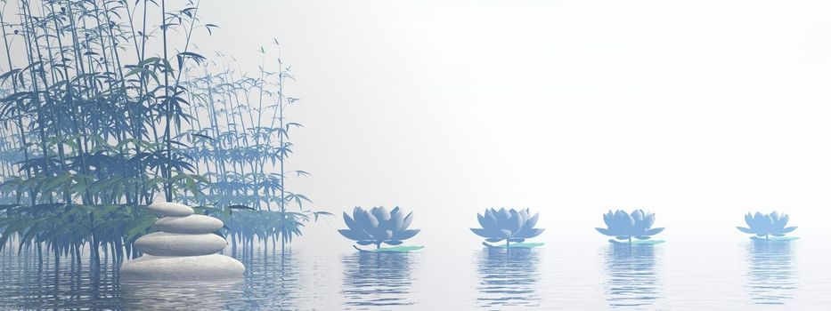 Bamboos and lily flowers on water by beautiful white foggy day