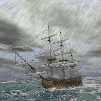 Old ship lost in the middle of a raining storm on ocean