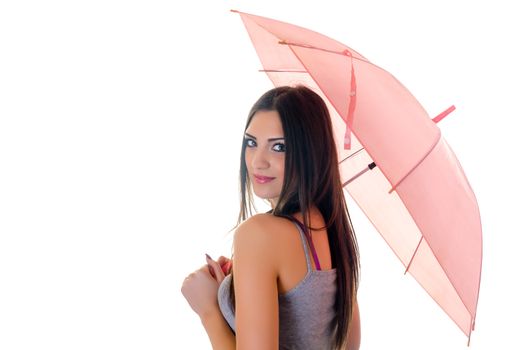 Beautiful Brunette Young Woman with Pink Umbrella eye contact, Horizontal shot over white background