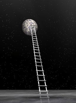 Black long ladder leading to the moon in dark universe