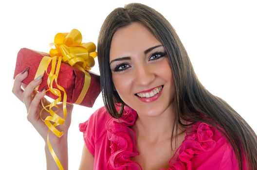 Happy Beautiful Brunette Young Woman with Gift Box, Horizontal shot over white background 